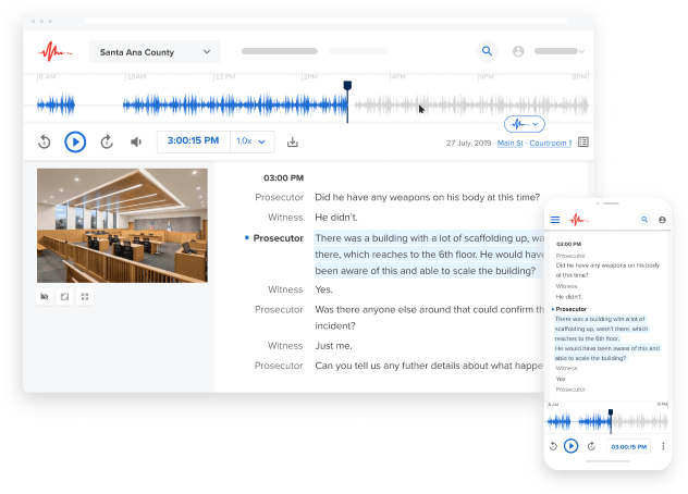 Desktop and mobile courtroom playback and speech-to-text pages