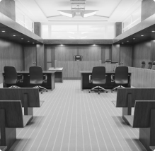 A black and white image of a courtroom.