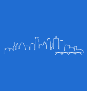 A blue background with a white icon of the Minneapolis skyline