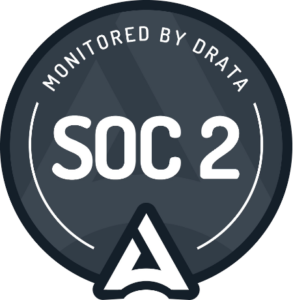 An image of a grey circle which reads "Monitored by Drata SOC 2"