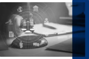 A black and white image of a gavel with justice related icons over the top
