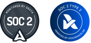 Two circular logos relating to SOC 2 Compliance by Drata and Assurance Lab