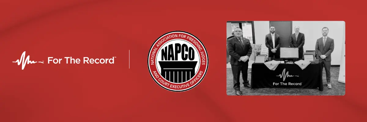 A red banner with the For The Record and NAPCO logos and an image of four men standing at a conference booth.