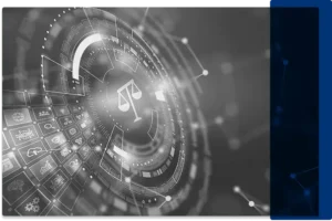 A black and white image of justice scales surrounded by AI icons in a vault design