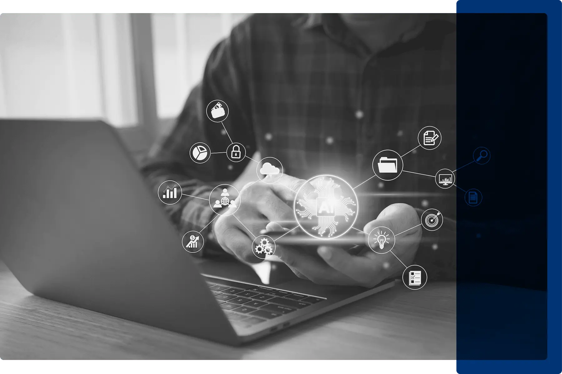 BW AI Laptop Image_Dark Blue (1) A man sitting at a laptop with AI icons floating